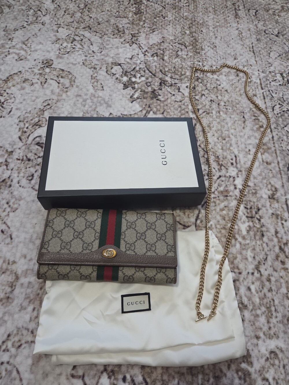 Gucci Beige GG Supreme Canvas Crossbody with Green-Red Web and Gold Chain